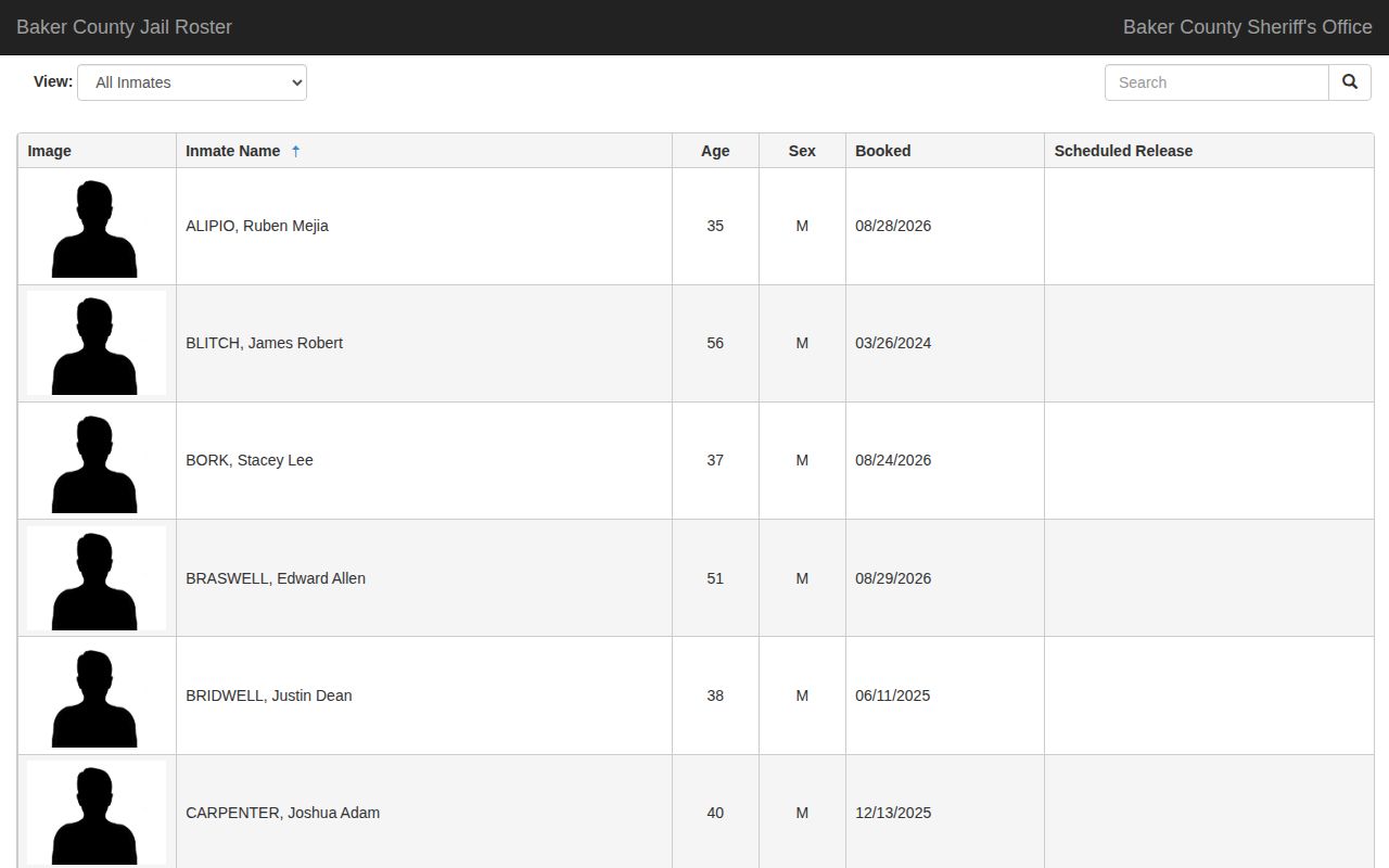 Baker County jail roster search interface for current booking records