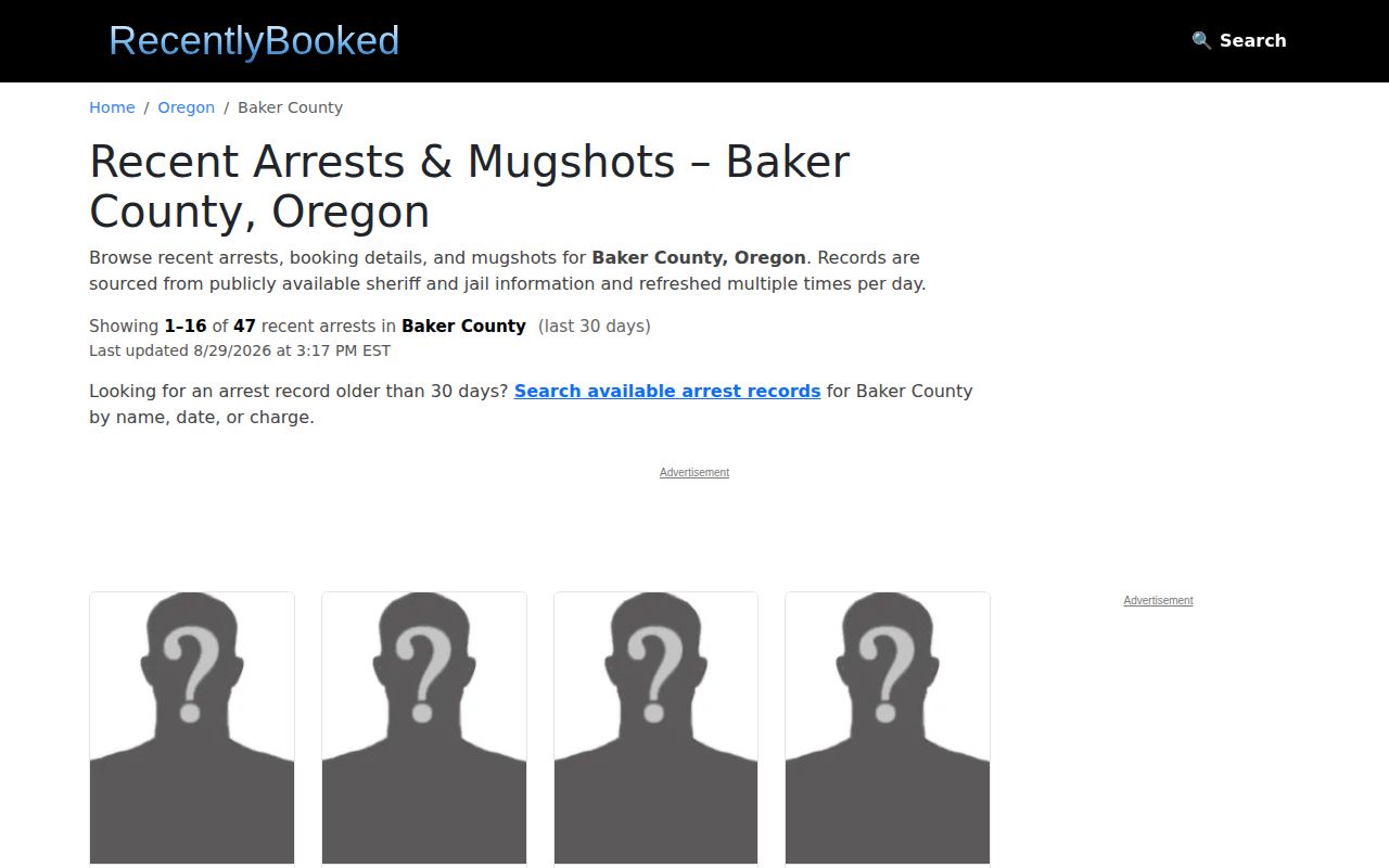 Unofficial Baker County arrest-record listing source at RecentlyBooked